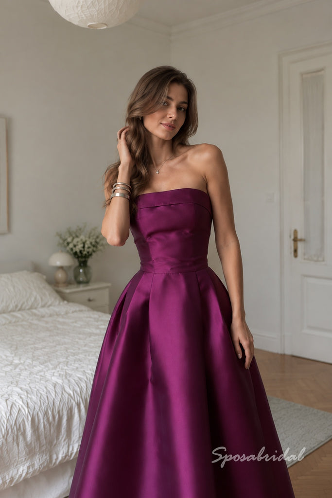 Strapless Plum Satin Midi Evening Dress, Straight Neck Pleated Ballgown Formal Gown, PD4360