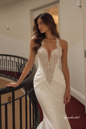Halter V-Neck Lace Mermaid Wedding Dress, Ruched Satin Fit Bridal Gown, WD3151