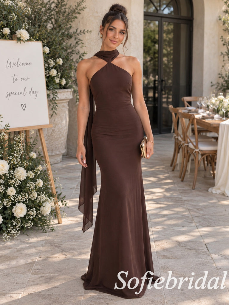 Chocolate Brown Chiffon Ruched Halter Sash Floor Length Mermaid Bridesmaid Gown, BD3483