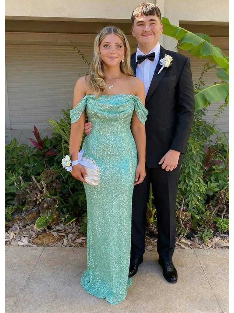 Gorgeous Mint Green Off-the-Shoulder Sequin Mermaid Prom Gown | Evening Dress, PD4205