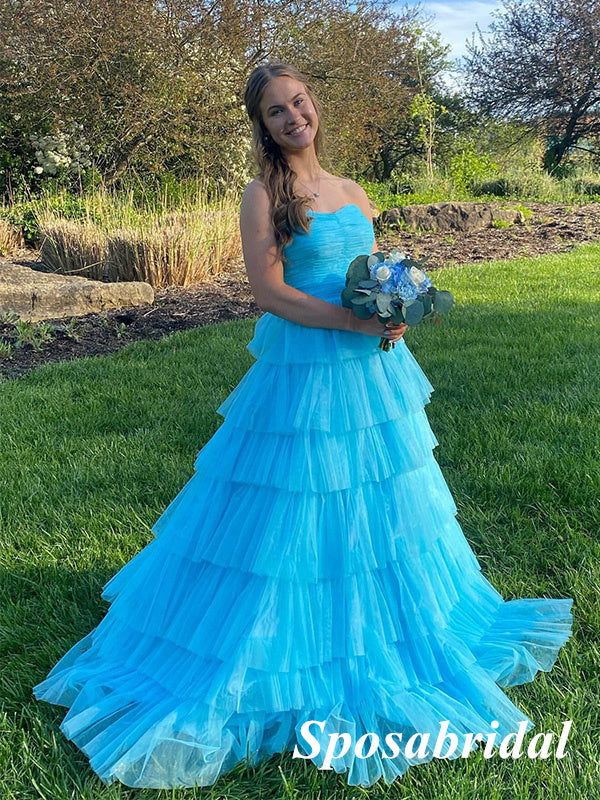 Sexy Blue Tulle Sweetheart Sleeveless A-Line Long Prom Dresses, PD3943