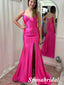 Sexy Hot Pink Soft Satin Spaghetti Straps V-Neck Long Prom Dresses With Split, PD3819