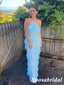 Sexy Blue Tulle Halter Sleeveless Mermaid Long Prom Dresses With Split, PD3838