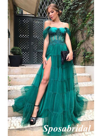 Sexy Charming Tulle Off Shoulder Side Slit A-Line Long Prom Dresses, PD3762