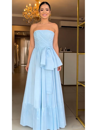 Elegant Satin Sweetheart Sleeveless A-Line Maxi Prom Dress with Bow, PD4046