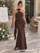 Chocolate Brown Chiffon Ruched Halter Sash Floor Length Mermaid Bridesmaid Gown, BD3483
