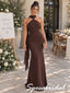 Chocolate Brown Chiffon Ruched Halter Sash Floor Length Mermaid Bridesmaid Gown, BD3483