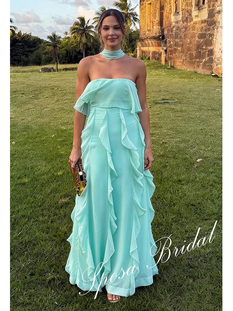 Sexy Chiffon Sweetheart Sleeveless Ruffled A-Line Floor Length Wedding Guest Dress, PD4096