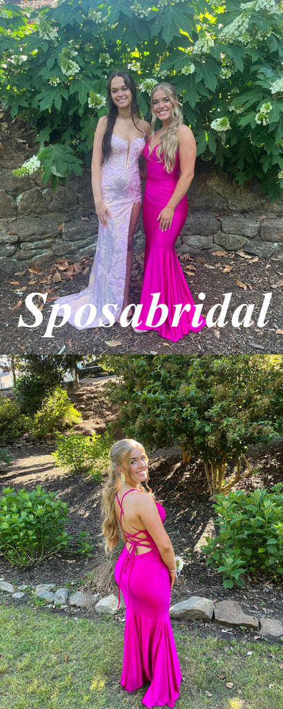 Sexy Soft Satin Spaghetti Straps V-Neck Sleeveless Lace Up Back Mermaid Long Prom Dresses, PD3929