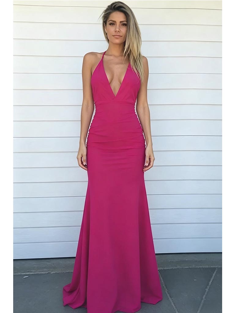 Stunning Hot Pink Halter Deep V-Neck Mermaid Open Back Prom Dress, PD4225