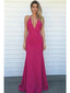 Stunning Hot Pink Halter Deep V-Neck Mermaid Open Back Prom Dress, PD4225