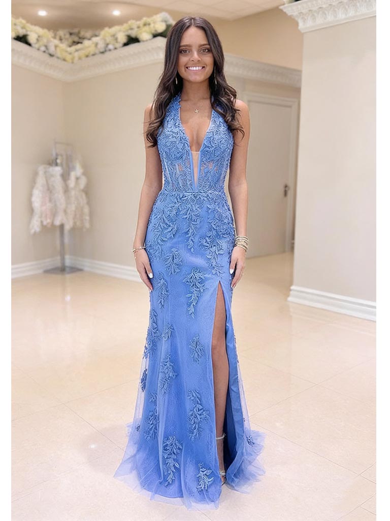 Periwinkle Blue Lace Mermaid Prom Dress