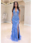 Periwinkle Blue Lace Mermaid Prom Dress | Deep V Neck Open Back Formal Evening Gown, PD4174