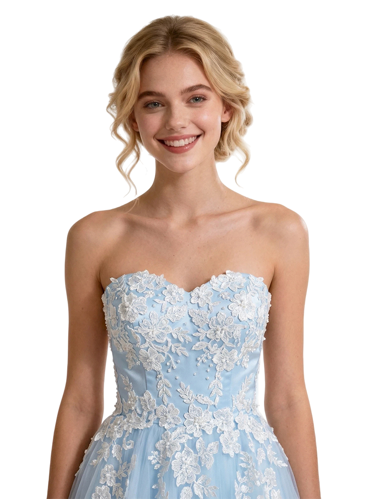 Sweet Tulle Blue And White Sweetheart Sleeveless A-Line Maxi Prom Dress with Appliques, PD4040