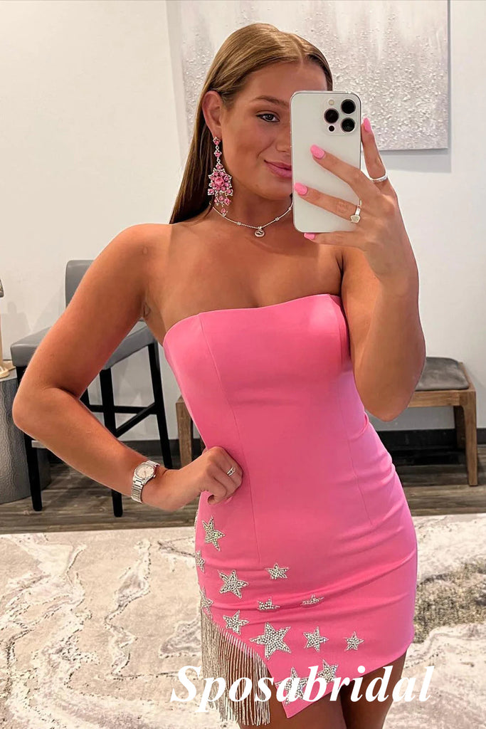 Sexy Pink Sweetheart Lace Up Sheath Mini Dresses/ Homecoming Dresses With Star Accessories, PD3562