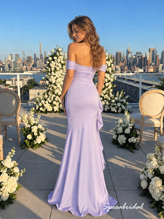 Lavender Off The Shoulder Satin Mermaid Evening Gown, Side Ruffle Slit Formal Prom Dress, PD4369