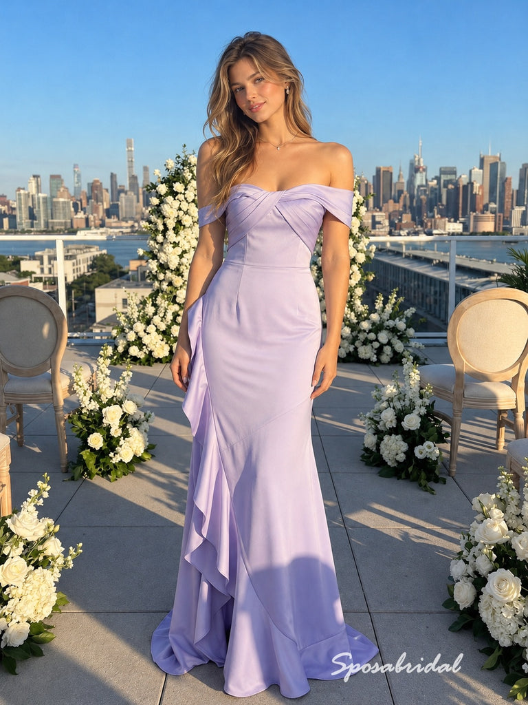 Lavender Off The Shoulder Satin Mermaid Evening Gown, Side Ruffle Slit Formal Prom Dress, PD4370