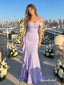 Lavender Off The Shoulder Satin Mermaid Evening Gown, Side Ruffle Slit Formal Prom Dress, PD4370