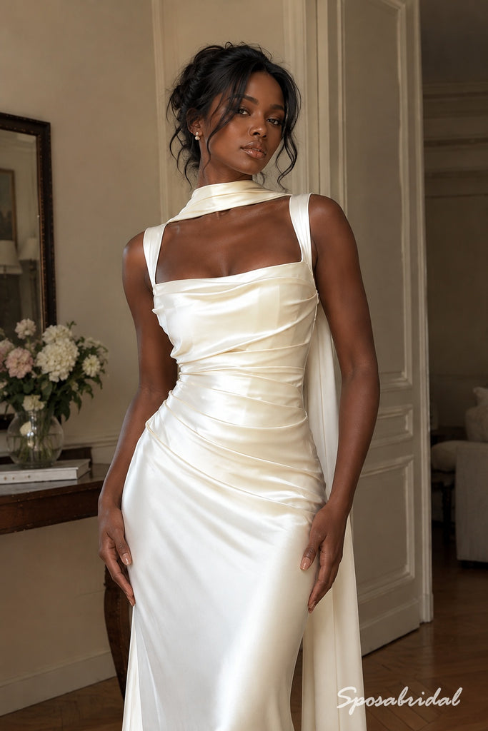 Square Neck Satin Mermaid Wedding Dress, Sleeveless Draped Scarf Floor Length Bridal Gown,PD4342