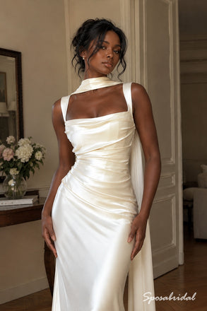 Square Neck Satin Mermaid Wedding Dress, Sleeveless Draped Scarf Floor Length Bridal Gown,PD4342