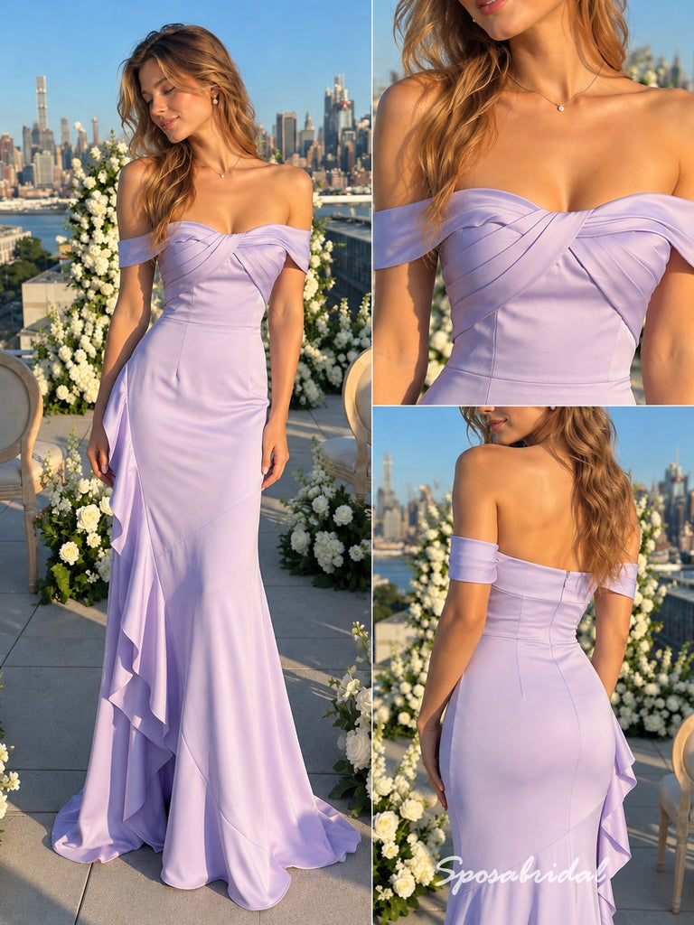 Lavender Off The Shoulder Satin Mermaid Evening Gown, Side Ruffle Slit Formal Prom Dress, PD4370