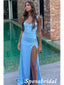 Sexy Blue Soft Satin Side Slit Mermaid Prom Dresses With Lace, PD3861