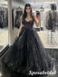 Sexy Black Sweetheart Sleeveless A-Line Long Prom Dresses With Beading, PD3947