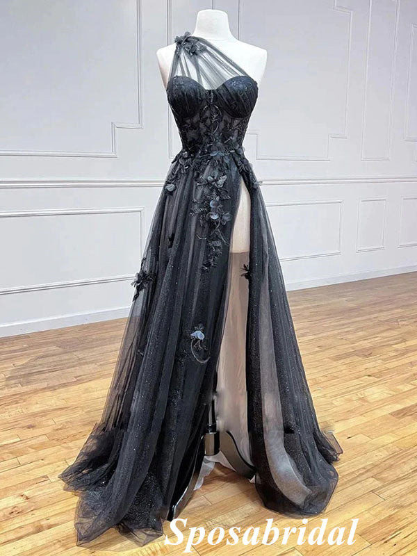 Sexy Tulle One Shoulder Sleeveless Side Slit A-Line Long Prom Dresses SposaBridal Sexy Tulle One Shoulder Sleeveless Side Slit A-Line Long Prom Dresses SposaBridal