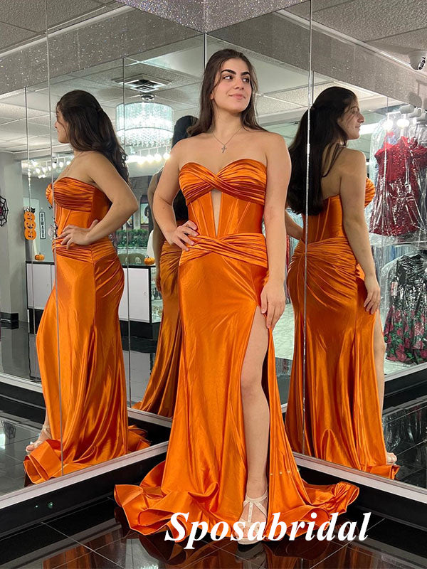 Sexy Orange Soft Satin Sweetheart Side Slit Mermaid Long Prom Dresses, SposaBridal Sexy Orange Soft Satin Sweetheart Side Slit Mermaid Long Prom Dresses, SposaBridal