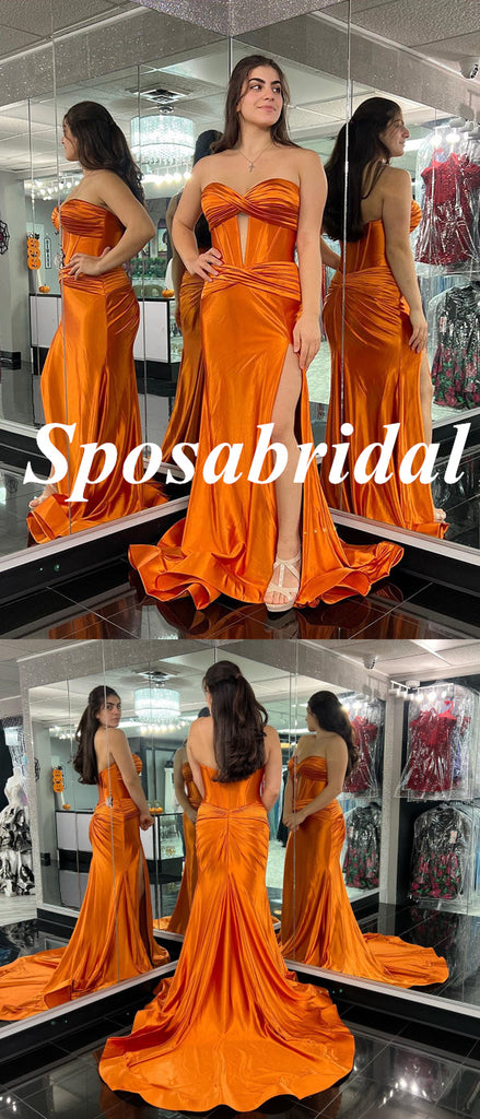 Sexy Orange Soft Satin Sweetheart Side Slit Mermaid Long Prom Dresses, PD3764
