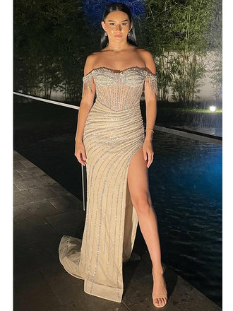 Nude Off-the-Shoulder Beaded High Slit Formal Gown for Gala, PD4130