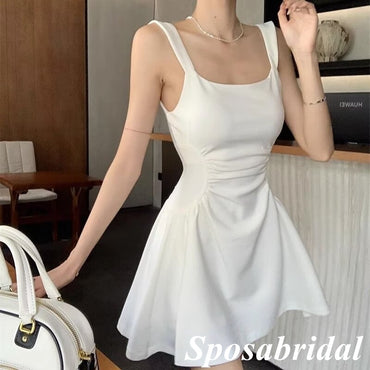 Elegant White Satin Spaghetti Straps Sleeveless A-Line Short Prom Dresses/Homecoming Dresses, PD3522