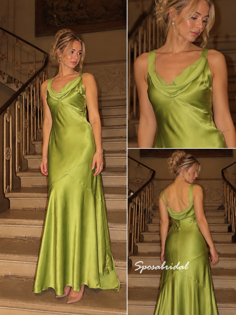 Cowl Neck Spaghetti Strap Satin Mermaid Evening Dress, Green Formal Gown, PD4380