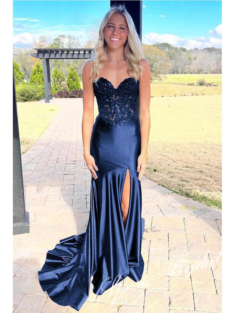 Elegant Soft Satin Sweetheart Sleeveless Side Slit Mermaid Prom Dress With Lace Appliques, PD4072