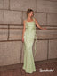 Sage Green Satin Mermaid Evening Dress, Ruffle Strap Formal Gown, PD4384