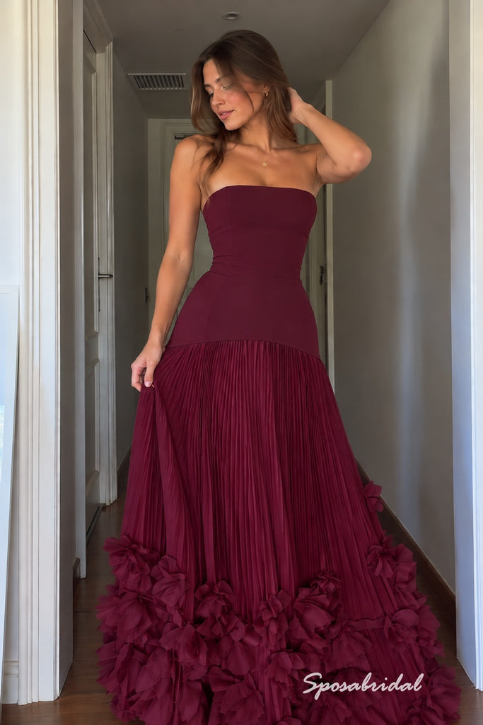 Burgundy Strapless Pleated Tulle Evening Gown, 3D Floral Ruffle Hem Formal Prom Dress, PD4371
