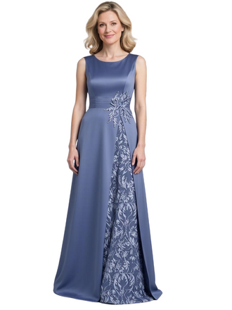 Elegant Slate Blue Satin Lace Mother of the Bride Dress | Special Occasion Evening Dress, SFM014