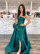 Strapless Satin A-Line Evening Dress, Large Bow Front With Slit Emerald Formal Gown, PD4377