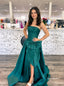 Strapless Satin A-Line Evening Dress, Large Bow Front With Slit Emerald Formal Gown, PD4377