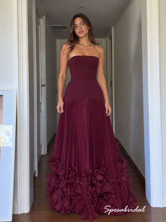 Burgundy Strapless Pleated Tulle Evening Gown, 3D Floral Ruffle Hem Formal Prom Dress, PD4370