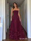 Burgundy Strapless Pleated Tulle Evening Gown, 3D Floral Ruffle Hem Formal Prom Dress, PD4371