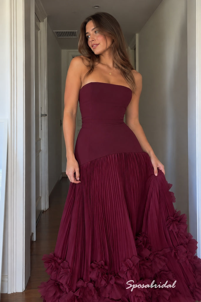 Burgundy Strapless Pleated Tulle Evening Gown, 3D Floral Ruffle Hem Formal Prom Dress, PD4371