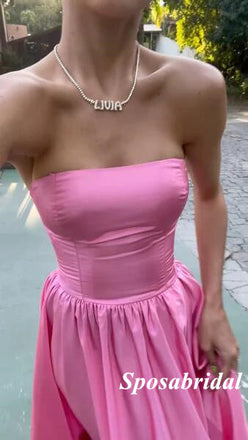 Sexy Pink Elastic-Satin Sweetheart Side Slit A-Line Long Prom Dresses, PD3801