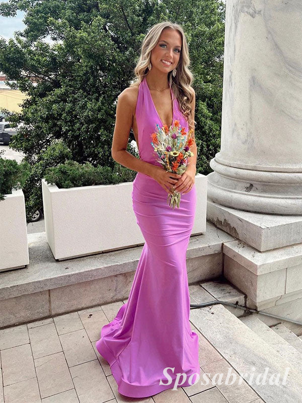 Sexy Satin Halter V-Neck Sleeveless Mermaid Long Prom Dresses,PD3726