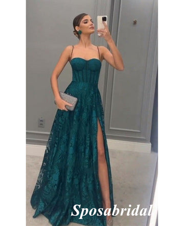 Sexy Tulle And Lace Spaghetti Straps Side Slit A-Line Long Prom Dresses, PD3781