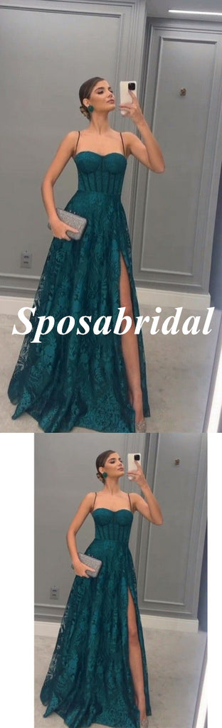 Sexy Tulle And Lace Spaghetti Straps Side Slit A-Line Long Prom Dresses, PD3781