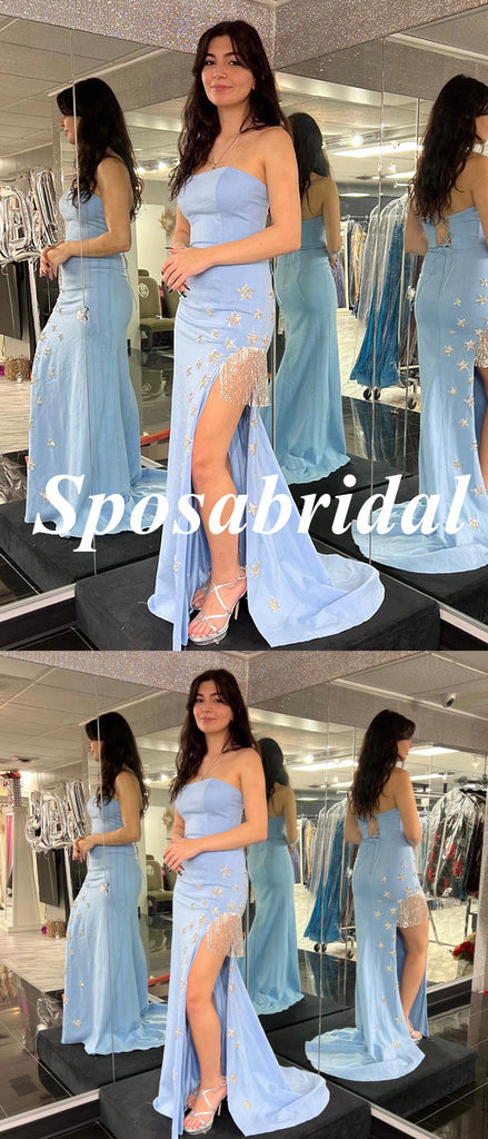 Sexy Blue Sweetheart Sleeveless Side Slit Mermaid Long Prom Dresses With Applique, PD3948