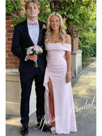 Sexy Crepe Off Shoulder Sleeveless Ruffles Side Slit Mermaid Maxi Prom Dress, PD4098