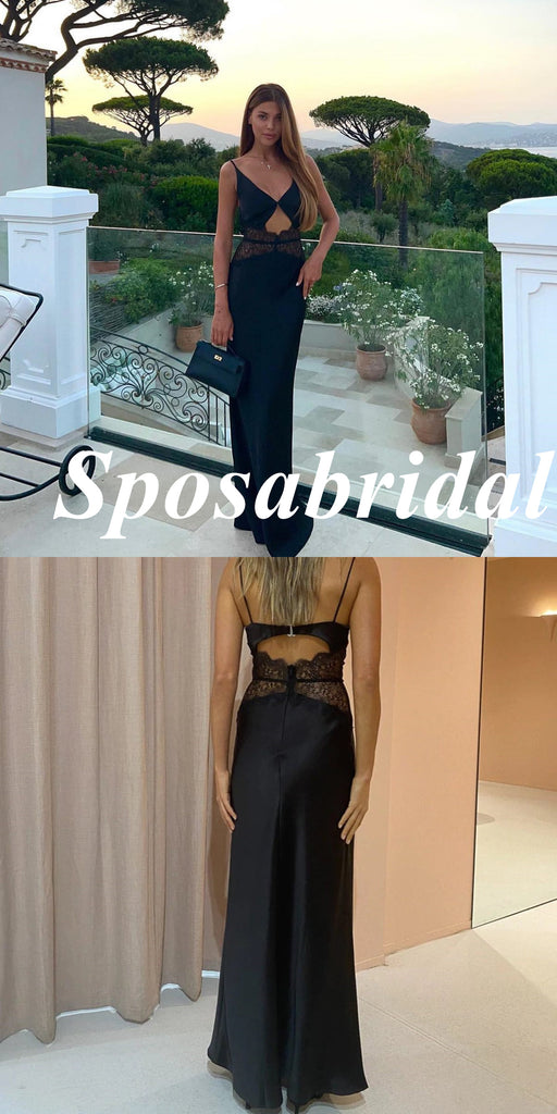 Sexy Soft Satin And Lace Spaghetti Straps V-Neck Sleeveless Mermaid Long Prom Dresses, PD3916
