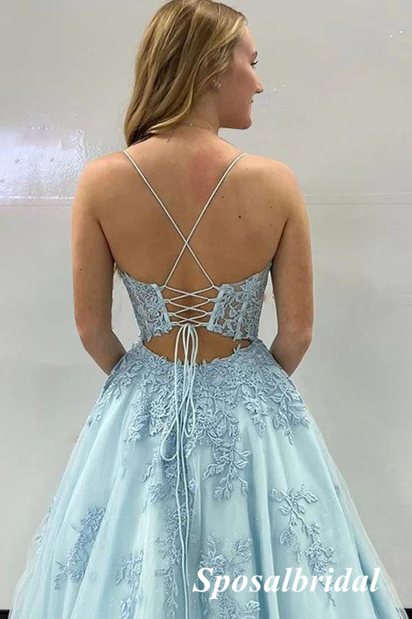 Sexy Tulle And Lace Spaghetti Straps Lace Up Back A-Line Long Formal Prom Dresses, PD3733